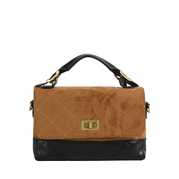 Faux Suede Woven Flap Satchel