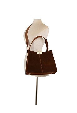 Faux Suede Twist Lock Top Handle Satchel