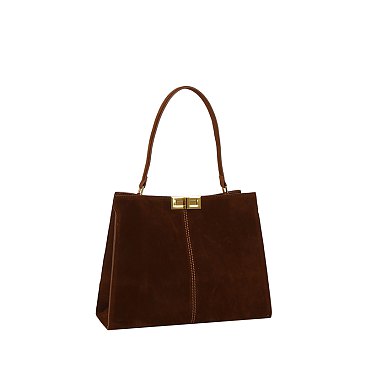 Faux Suede Twist Lock Top Handle Satchel