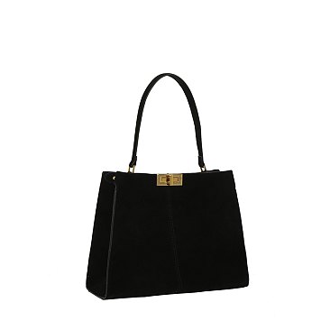 Faux Suede Twist Lock Top Handle Satchel