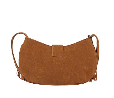 Suede Buckle Flap Fringe Crossbody Bag