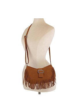 Suede Buckle Flap Fringe Crossbody Bag