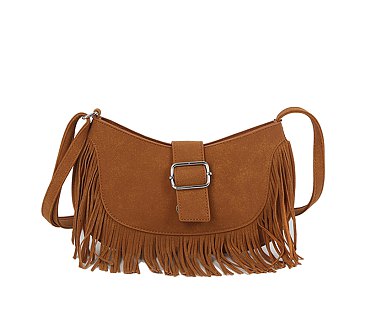 Suede Buckle Flap Fringe Crossbody Bag
