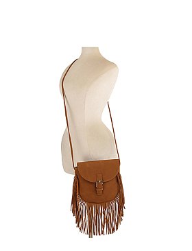Belted Flap Fringe Crossbody Bag