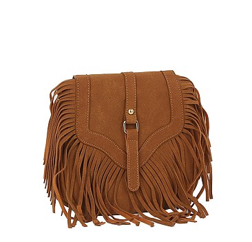 Belted Fringe Flap Crossbody Bag