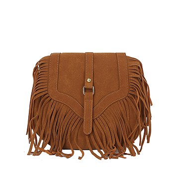 Belted Fringe Flap Crossbody Bag