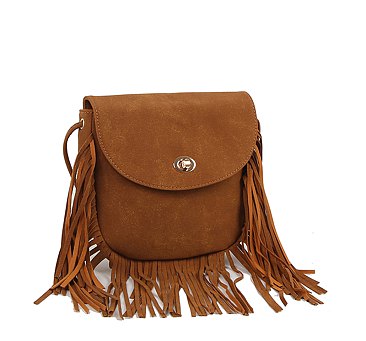 Twist Lock Flap Fringe Crossbody Bag