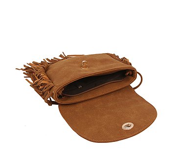 Twist Lock Flap Fringe Crossbody Bag