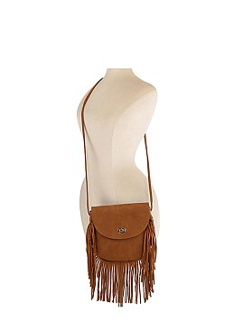 Twist Lock Flap Fringe Crossbody Bag