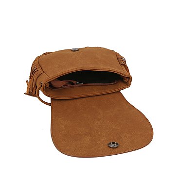 Studded Flap Fringe Saddle Crossbody Bag