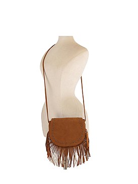 Studded Flap Fringe Saddle Crossbody Bag