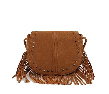 Studded Flap Fringe Saddle Crossbody Bag
