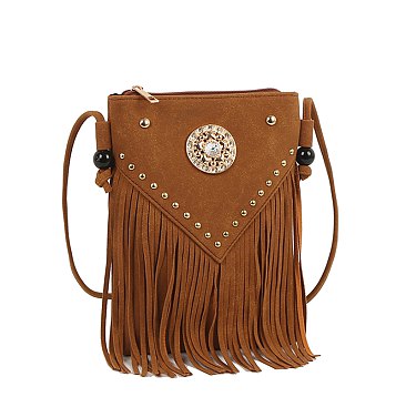 Concho Rhinestone Flower Fringe Crossbody Bag