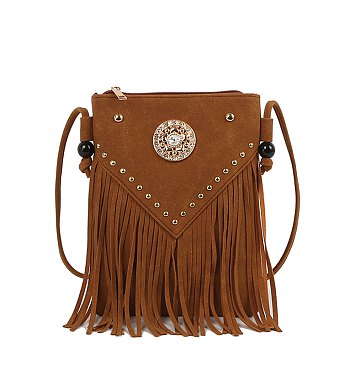Concho Rhinestone Flower Fringe Crossbody Bag