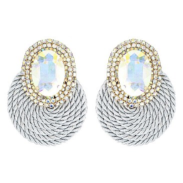 LOVELY FASHION OVAL GEM WITH RHINESTONE EDGE POST EARRINGS