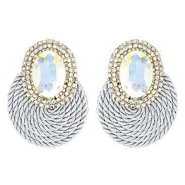 LOVELY FASHION OVAL GEM WITH RHINESTONE EDGE POST EARRINGS