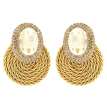 LOVELY FASHION OVAL GEM WITH RHINESTONE EDGE POST EARRINGS