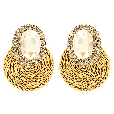 LOVELY FASHION OVAL GEM WITH RHINESTONE EDGE POST EARRINGS