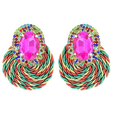 LOVELY FASHION OVAL GEM WITH RHINESTONE EDGE POST EARRINGS