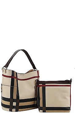 2 IN 1 PLAID CHECK SATCHEL WITH LONG STRAP
