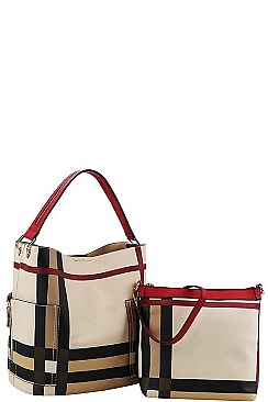 2 IN 1 PLAID CHECK SATCHEL WITH LONG STRAP