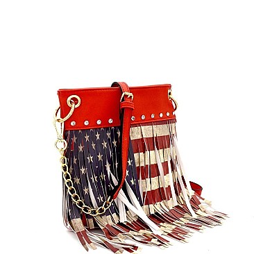 Vintage American Flag Print Rhinestone Western Fringed Cross Body MH-F00441