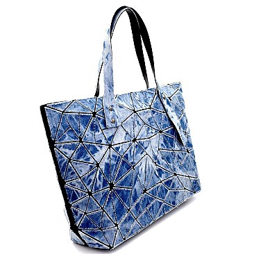 F009-LP Vintage Denim Geometry Patchwork Tote