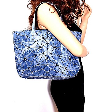 F009-LP Vintage Denim Geometry Patchwork Tote