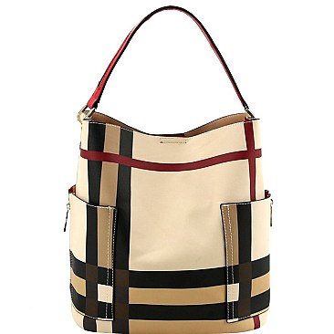 TALL CHECKERED SIDE POCKET ACCENT HOBO BAG