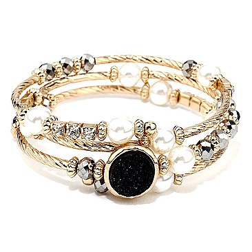 FB1200-LP Druzy Stone Plastic Pearl Coil Bracelet