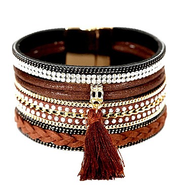 FB1299-LP Rhinestone Braid Thread Tassel Bohemian Leather Bracelet