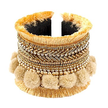 FB1430-LP Handmade Sead Bead Thread Fringe Cuff Bracelet