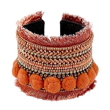 FB1430-LP Handmade Sead Bead Thread Fringe Cuff Bracelet