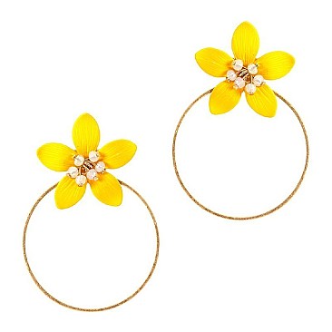 Fashionable Glass Bead Flower Open-cut Round Hoop Earrings MH-FE3478