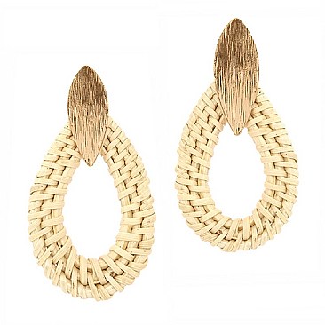 BRUSHED METAL WOVEN STRAW TEARDROP EARRINGS