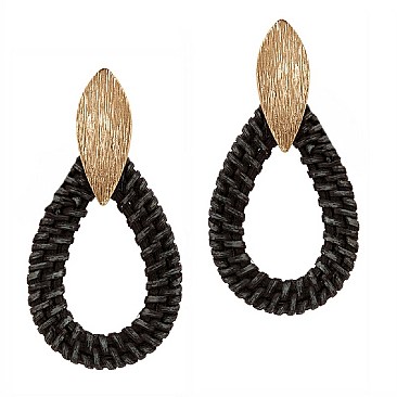 BRUSHED METAL WOVEN STRAW TEARDROP EARRINGS