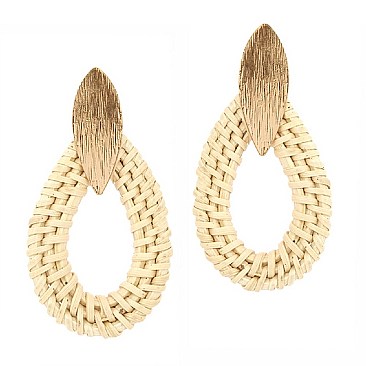 BRUSHED METAL WOVEN STRAW TEARDROP EARRINGS