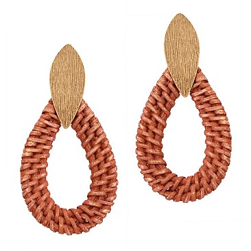 BRUSHED METAL WOVEN STRAW TEARDROP EARRINGS