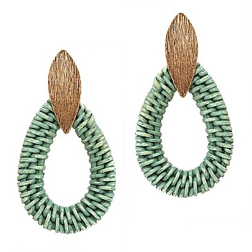BRUSHED METAL WOVEN STRAW TEARDROP EARRINGS