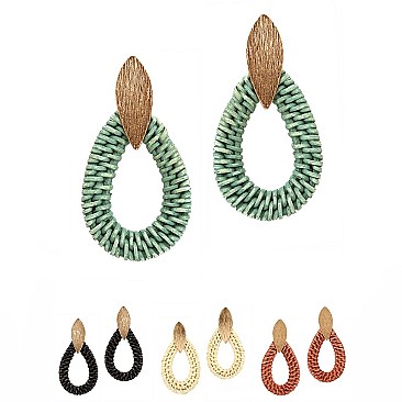 BRUSHED METAL WOVEN STRAW TEARDROP EARRINGS