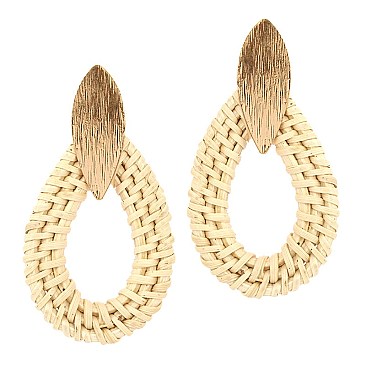 Woven Straw Open-cut Brushed Metal Teardrop Earring MH-FE3575