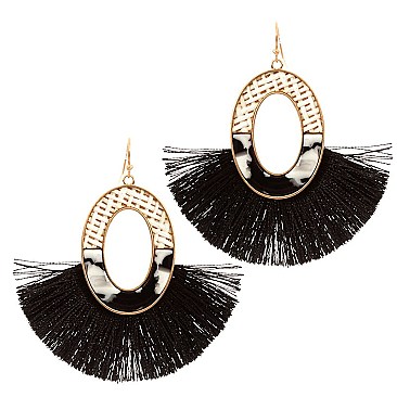 Straw and Acrylic Open-cut Round Thread Tassel Earring