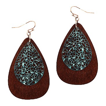 Fashionable Metal Filigree Layer Wooden Teardrop Earring MH-FE3769