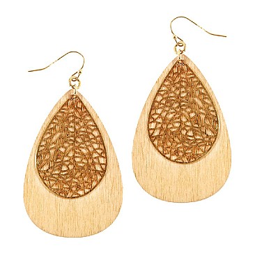 Fashionable Metal Filigree Layer Wooden Teardrop Earring MH-FE3769