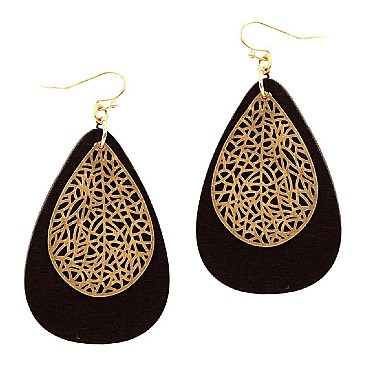 Fashionable Metal Filigree Layer Wooden Teardrop Earring MH-FE3769