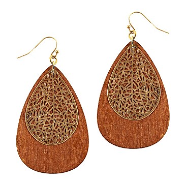 Fashionable Metal Filigree Layer Wooden Teardrop Earring MH-FE3769