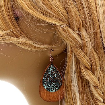 Fashionable Metal Filigree Layer Wooden Teardrop Earring MH-FE3769