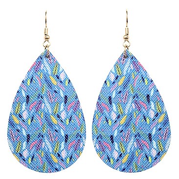 Feather Pattern Print Canvas Teardrop Earring