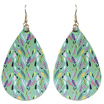 Feather Pattern Print Canvas Teardrop Earring