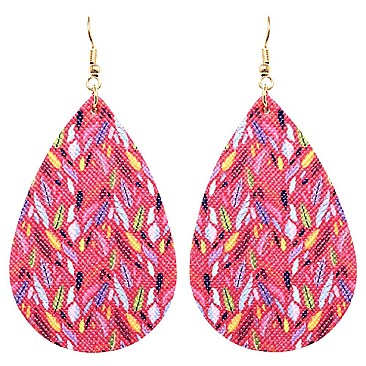 Feather Pattern Print Canvas Teardrop Earring